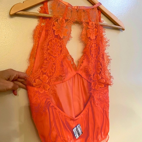 NWT free people orange satin eyelash lace cut out back thong mesh bodysuit XXS/S - Picture 3 of 13